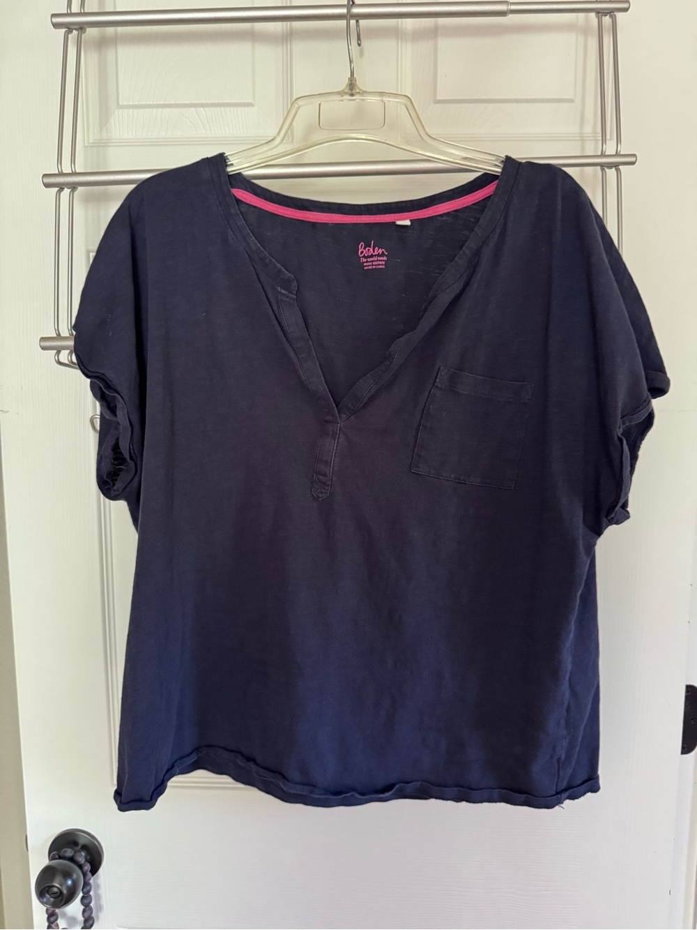 Boden Navy Short-Sleeve Split Neck Top